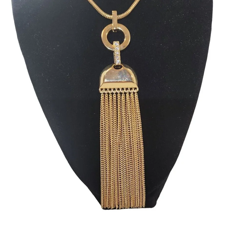 Gold Long Chain Necklace Diamond Accents & Fringe‎ Detail